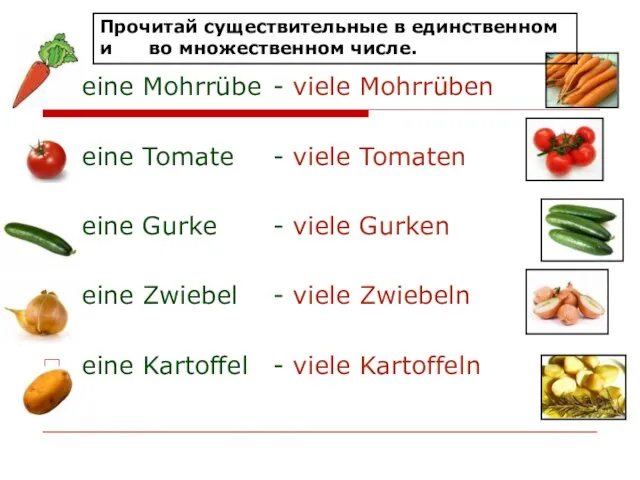 eine Mohrrübe - viele Mohrrüben eine Tomate - viele Tomaten eine Gurke