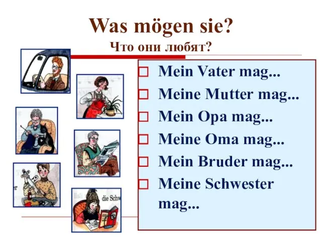 Was mögen sie? Что они любят? Mein Vater mag... Meine Mutter mag...