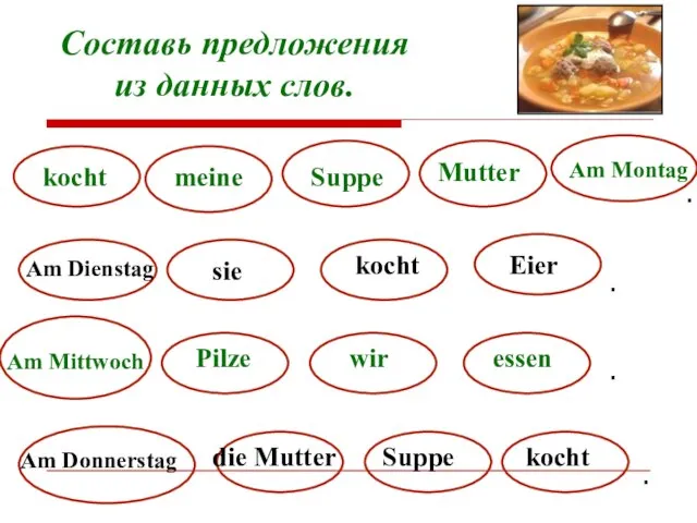 Составь предложения из данных слов. kocht meine Mutter Suppe Am Montag Am