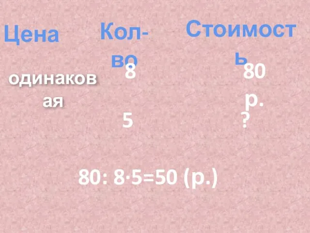 Цена Кол-во Стоимость одинаковая 8 80 р. 5 ? 80: 8∙5=50 (р.)