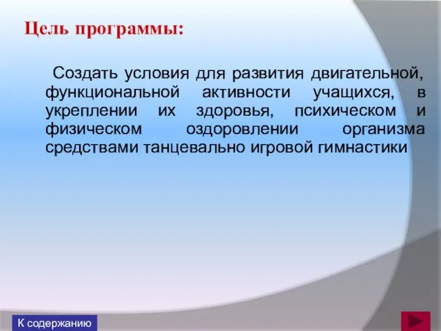 Цель программы: Создать условия для развития двигательной, функциональной активности учащихся, в укреплении