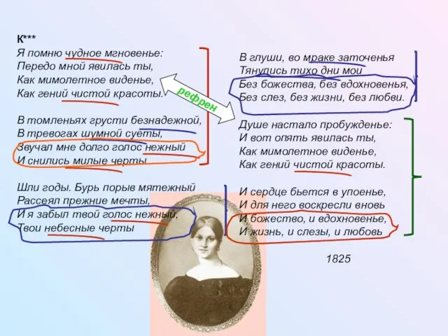 К*** Я помню чудное мгновенье: Передо мной явилась ты, Как мимолетное виденье,