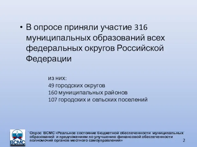 В опросе приняли участие 316 муниципальных образований всех федеральных округов Российской Федерации