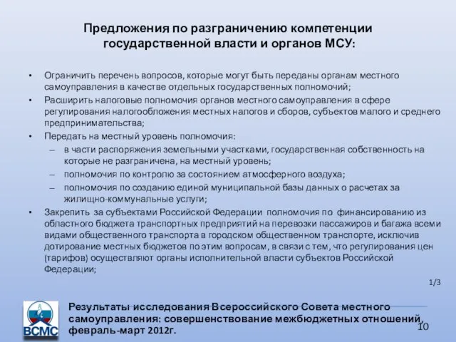 Предложения по разграничению компетенции государственной власти и органов МСУ: Результаты исследования Всероссийского