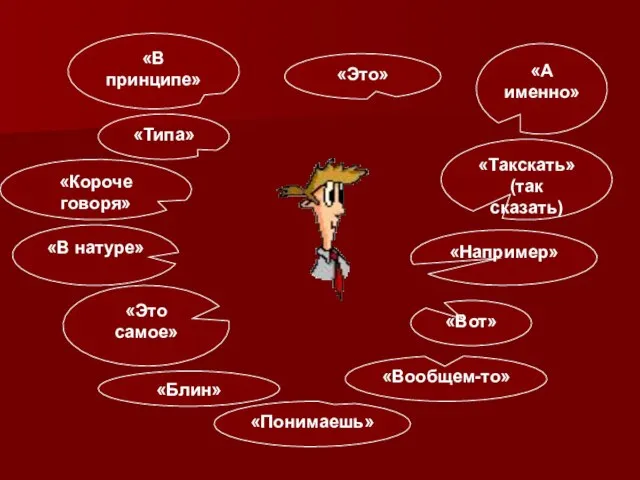 «Такскать» (так сказать) «Это» «А именно» «Например» «Это самое» «В принципе» «Типа»