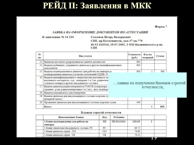 …заявка на получение бланков строгой отчетности, РЕЙД II: Заявления в МКК