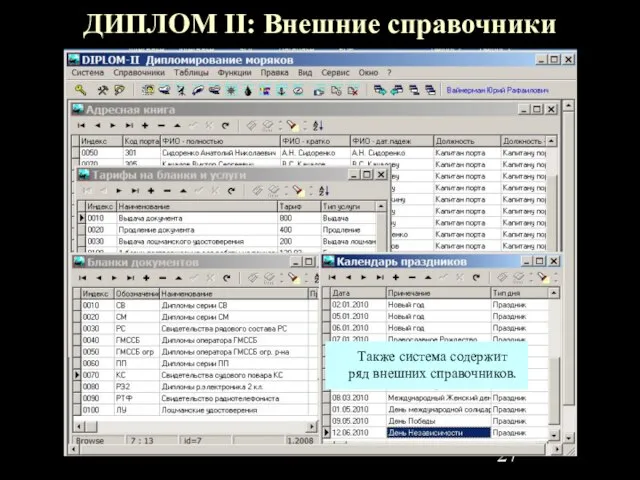 ДИПЛОМ II: Внешние справочники Также система содержит ряд внешних справочников.