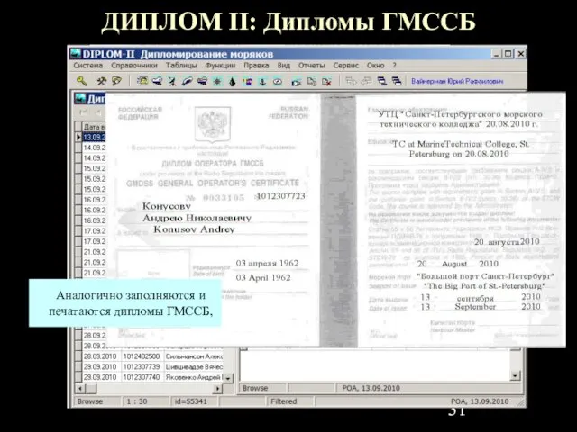 ДИПЛОМ II: Дипломы ГМССБ Аналогично заполняются и печатаются дипломы ГМССБ,