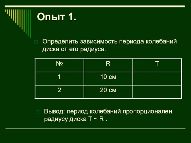 Опыт 1. Определить зависимость периода колебаний диска от его радиуса. Вывод: период