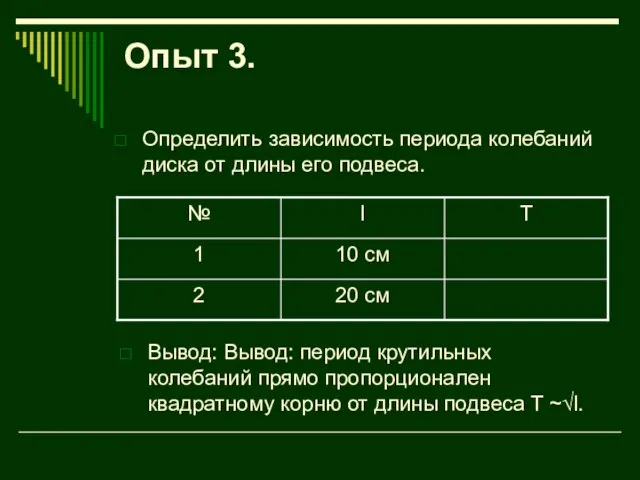 Опыт 3. Определить зависимость периода колебаний диска от длины его подвеса. Вывод: