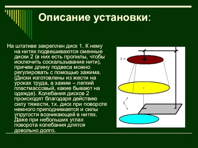 Описание установки: На штативе закреплен диск 1. К нему на нитях подвешиваются