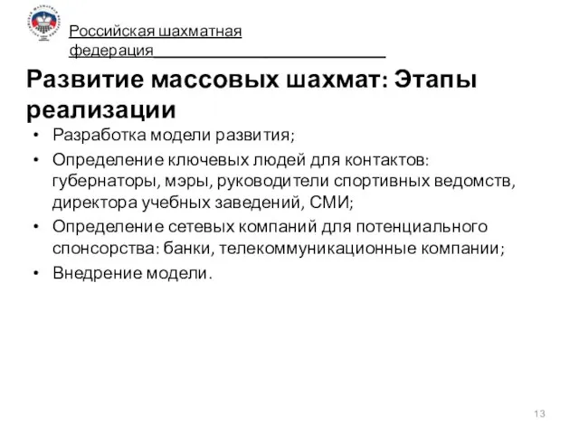 Развитие массовых шахмат: Этапы реализации Разработка модели развития; Определение ключевых людей для