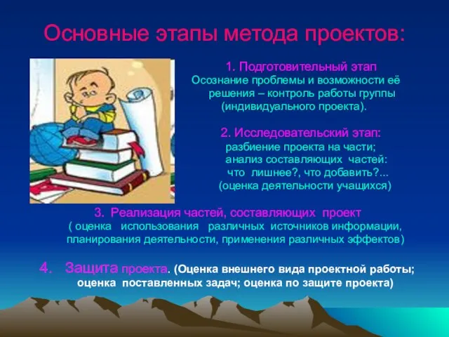 Основные этапы метода проектов: 1. Подготовительный этап Осознание проблемы и возможности её