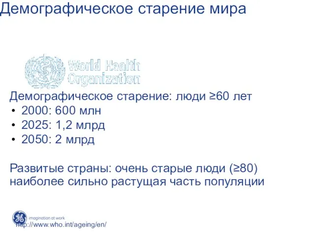 Демографическое старение мира Демографическое старение: люди ≥60 лет 2000: 600 млн 2025: