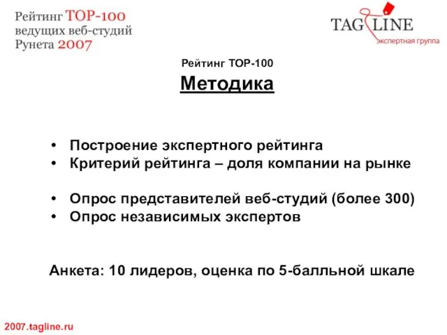 Рейтинг TOP-100 Методика 2007.tagline.ru Построение экспертного рейтинга Критерий рейтинга – доля компании