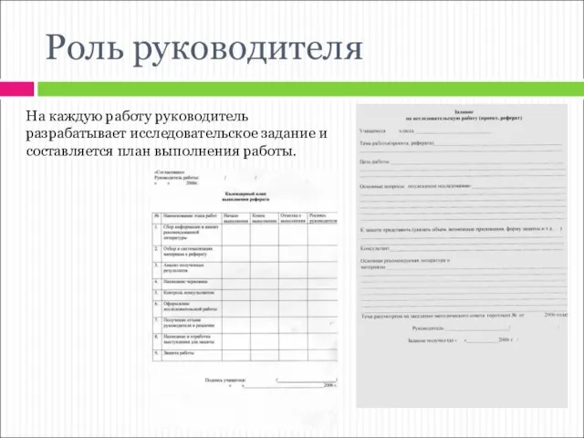 Роль руководителя На каждую работу руководитель разрабатывает исследовательское задание и составляется план выполнения работы.