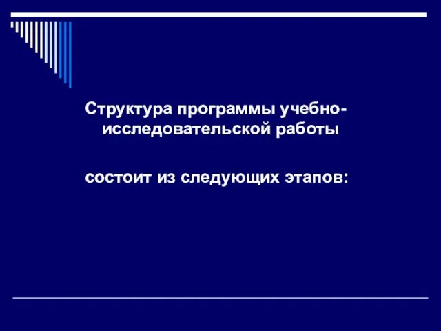 Структура программы учебно-исследовательской работы состоит из следующих этапов: