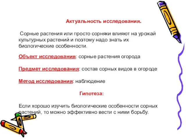 Актуальность исследования. Сорные растения или просто сорняки влияют на урожай культурных растений