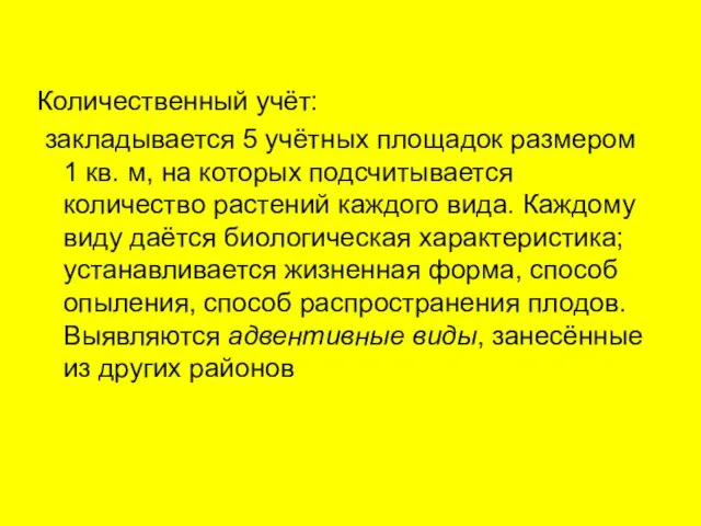 Количественный учёт: закладывается 5 учётных площадок размером 1 кв. м, на которых