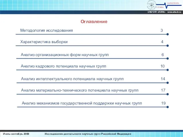 Оглавление Методология исследования 3 МАРКЕТИНГА СЛУЖБА СПбГЭТУ «ЛЭТИ» www.eltech.ru Июнь-сентябрь 2009 Исследование