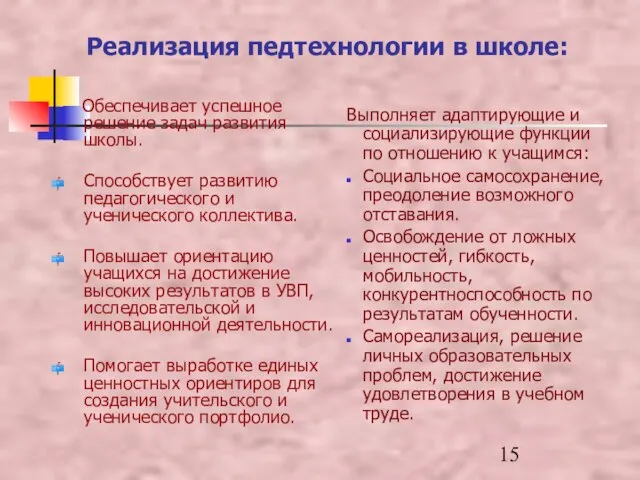 Реализация педтехнологии в школе: Обеспечивает успешное решение задач развития школы. Способствует развитию