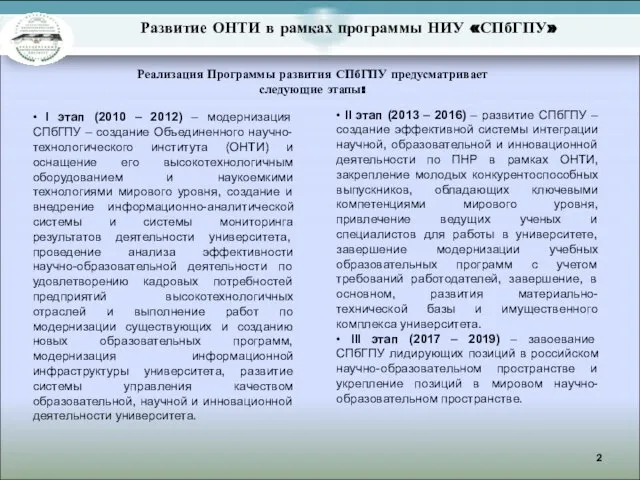 Развитие ОНТИ в рамках программы НИУ «СПбГПУ» • I этап (2010 –