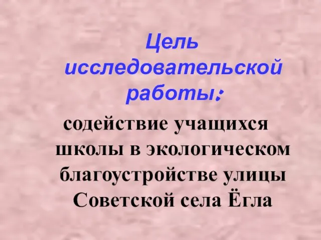 Цель исследовательской работы: содействие учащихся школы в экологическом благоустройстве улицы Советской села Ёгла