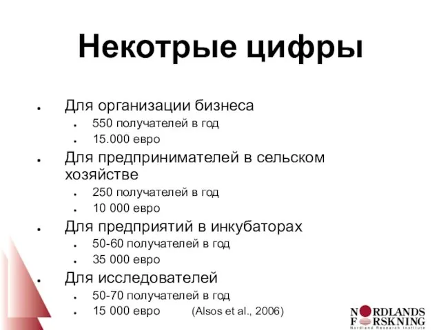 Некотрые цифры Для организации бизнеса 550 получателей в год 15.000 евро Для