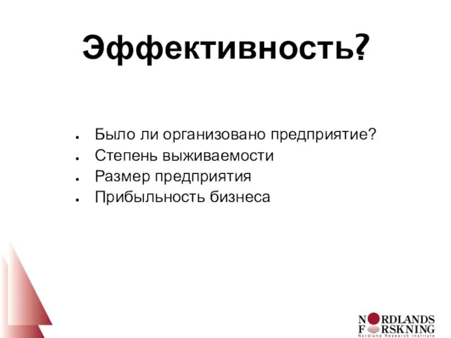 Эффективность? Было ли организовано предприятие? Степень выживаемости Размер предприятия Прибыльность бизнеса