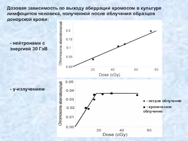 - нейтронами с энергией 30 ГэВ Дозовая зависимость по выходу аберраций хромосом