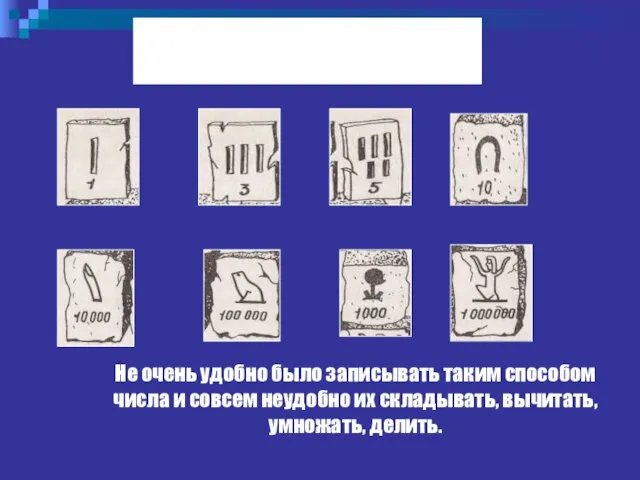 Древний Египет Не очень удобно было записывать таким способом числа и совсем