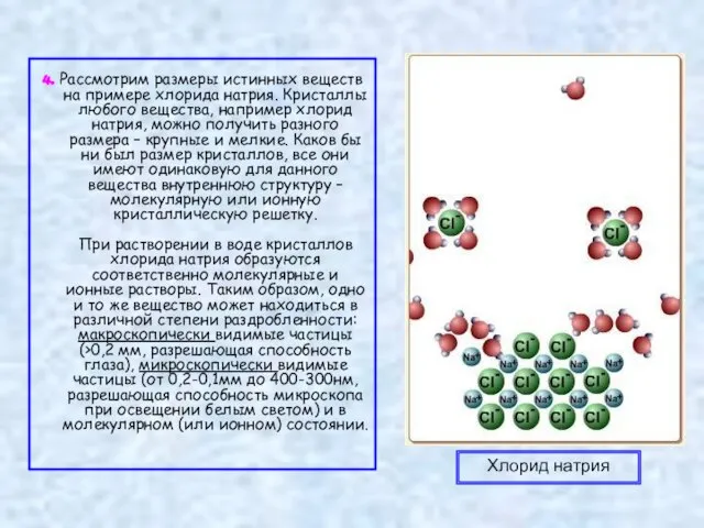 4. Рассмотрим размеры истинных веществ на примере хлорида натрия. Кристаллы любого вещества,