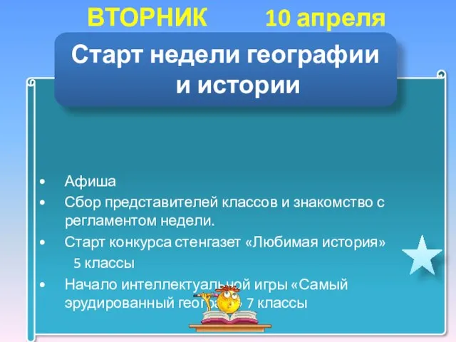 ВТОРНИК 10 апреля Афиша Сбор представителей классов и знакомство с регламентом недели.