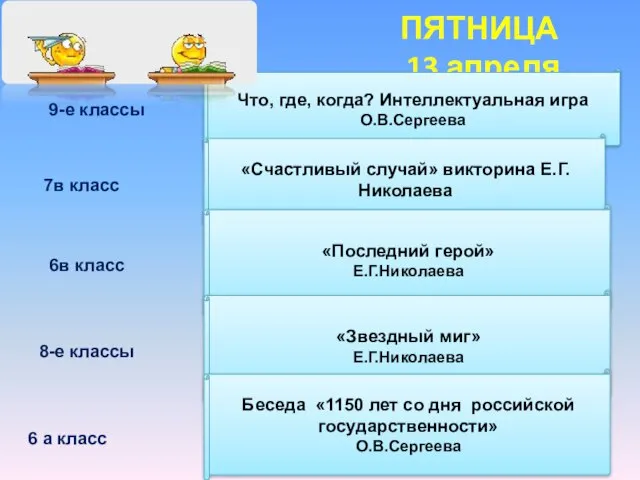 ПЯТНИЦА 13 апреля Что, где, когда? Интеллектуальная игра О.В.Сергеева 9-е классы 6в