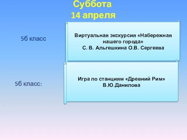 Суббота 14 апреля 5б класс 5б класс: Виртуальная экскурсия «Набережная нашего города»