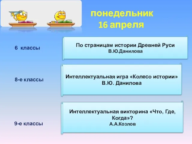 понедельник 16 апреля По страницам истории Древней Руси В.Ю.Данилова 8-е классы Интеллектуальная