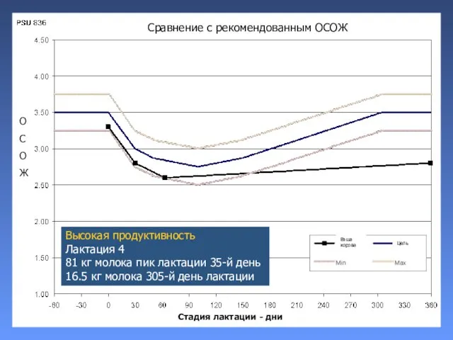 Высокая продуктивность Лактация 4 81 кг молока пик лактации 35-й день 16.5