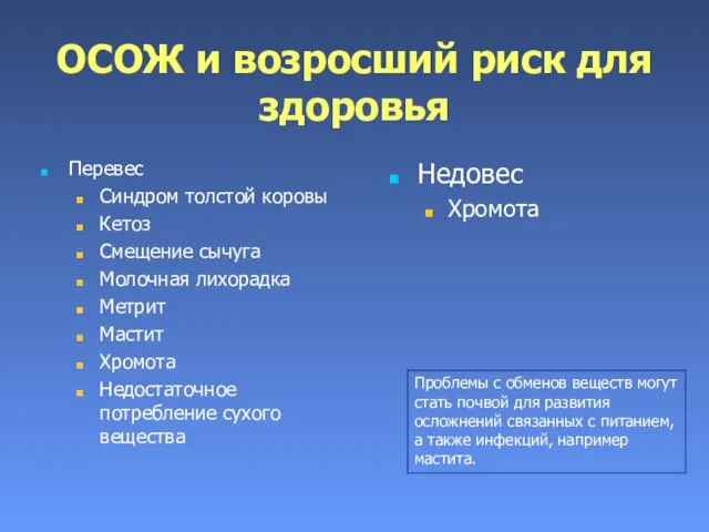 ОСОЖ и возросший риск для здоровья Перевес Синдром толстой коровы Кетоз Смещение