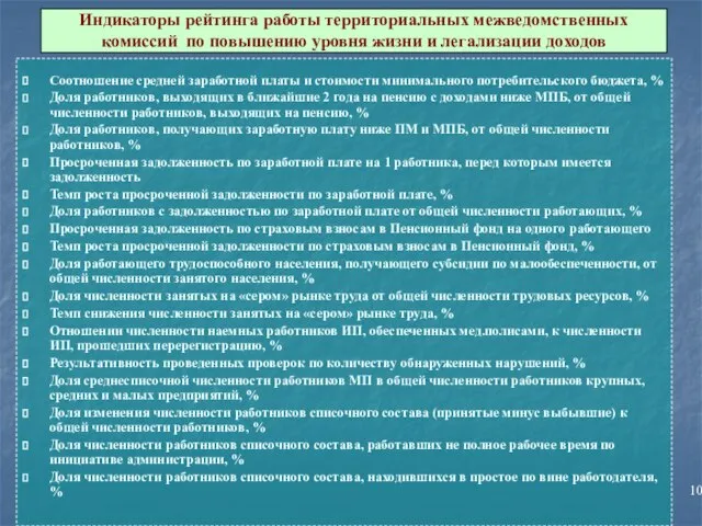 Индикаторы рейтинга работы территориальных межведомственных комиссий по повышению уровня жизни и легализации