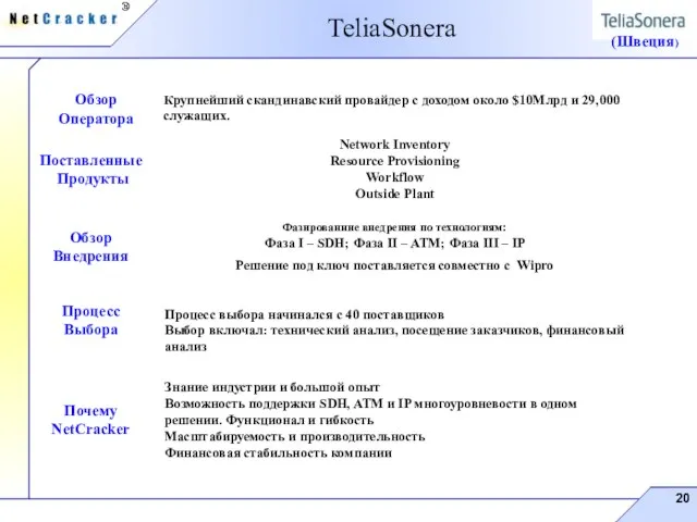 TeliaSonera (Швеция) Крупнейший скандинавский провайдер с доходом около $10Млрд и 29,000 служащих.