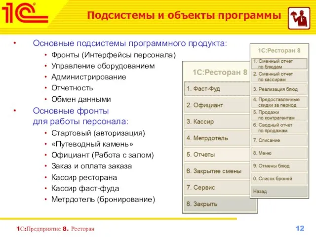 Основные подсистемы программного продукта: Фронты (Интерфейсы персонала) Управление оборудованием Администрирование Отчетность Обмен