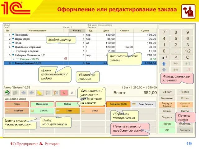 1С:Предприятие 8. Ресторан Оформление или редактирование заказа Удаленная позиция Время приготовления /