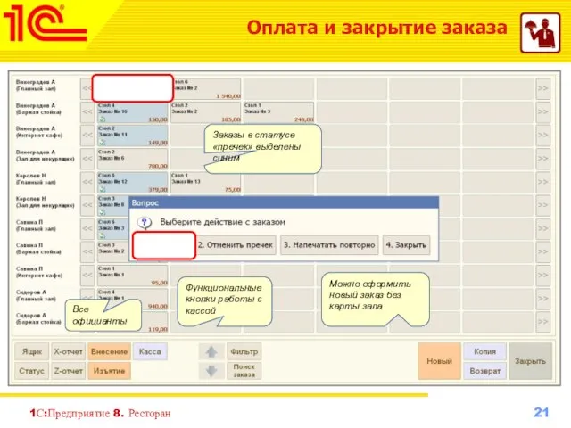 1С:Предприятие 8. Ресторан Оплата и закрытие заказа Все официанты Заказы в статусе