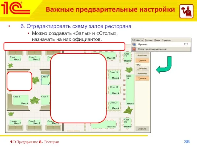 1С:Предприятие 8. Ресторан 6. Отредактировать схему залов ресторана Можно создавать «Залы» и