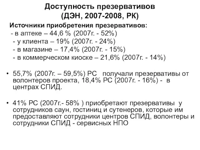 Доступность презервативов (ДЭН, 2007-2008, РК) Источники приобретения презервативов: - в аптеке –