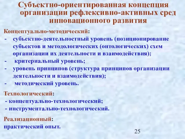 Субъектно-ориентированная концепция организации рефлексивно-активных сред инновационного развития Концептуально-методический: субъектно-деятельностный уровень (позиционирование субъектов