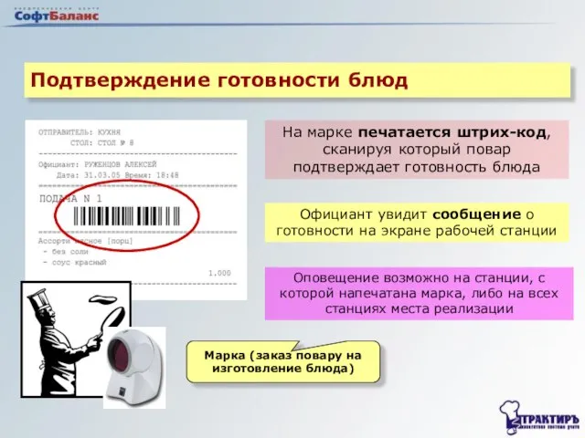 Подтверждение готовности блюд На марке печатается штрих-код, сканируя который повар подтверждает готовность