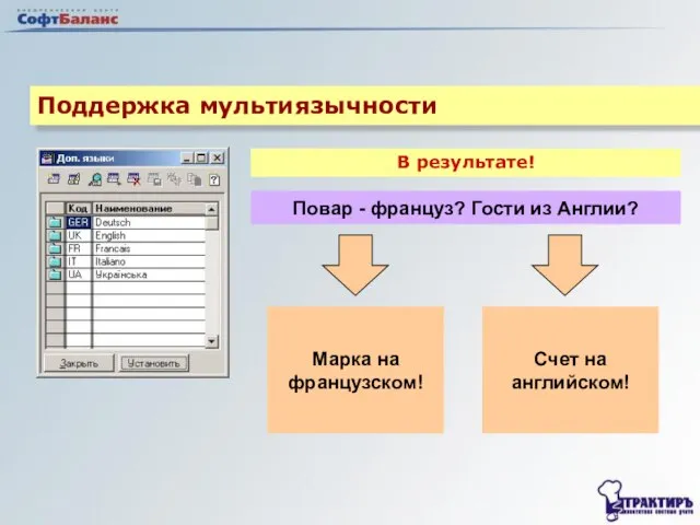 Повар - француз? Гости из Англии? Марка на французском! Счет на английском! В результате! Поддержка мультиязычности