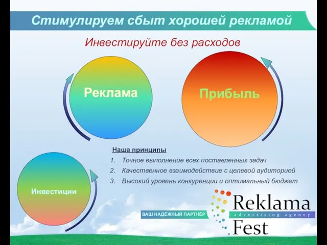 ВАШ НАДЁЖНЫЙ ПАРТНЁР Инвестируйте без расходов Инвестиции Реклама Прибыль Стимулируем сбыт хорошей