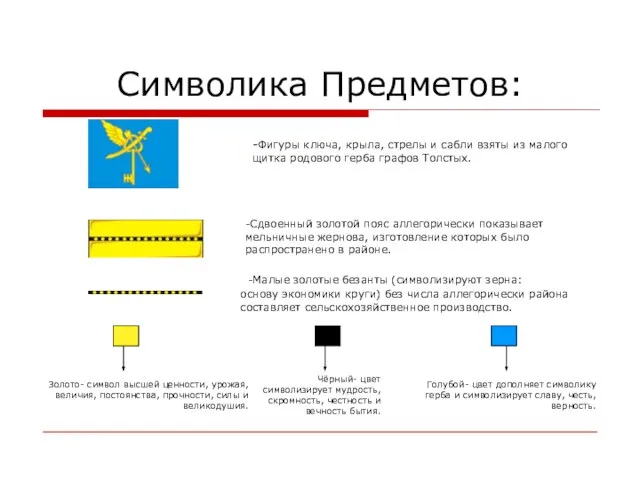 Символика Предметов: -Фигуры ключа, крыла, стрелы и сабли взяты из малого щитка